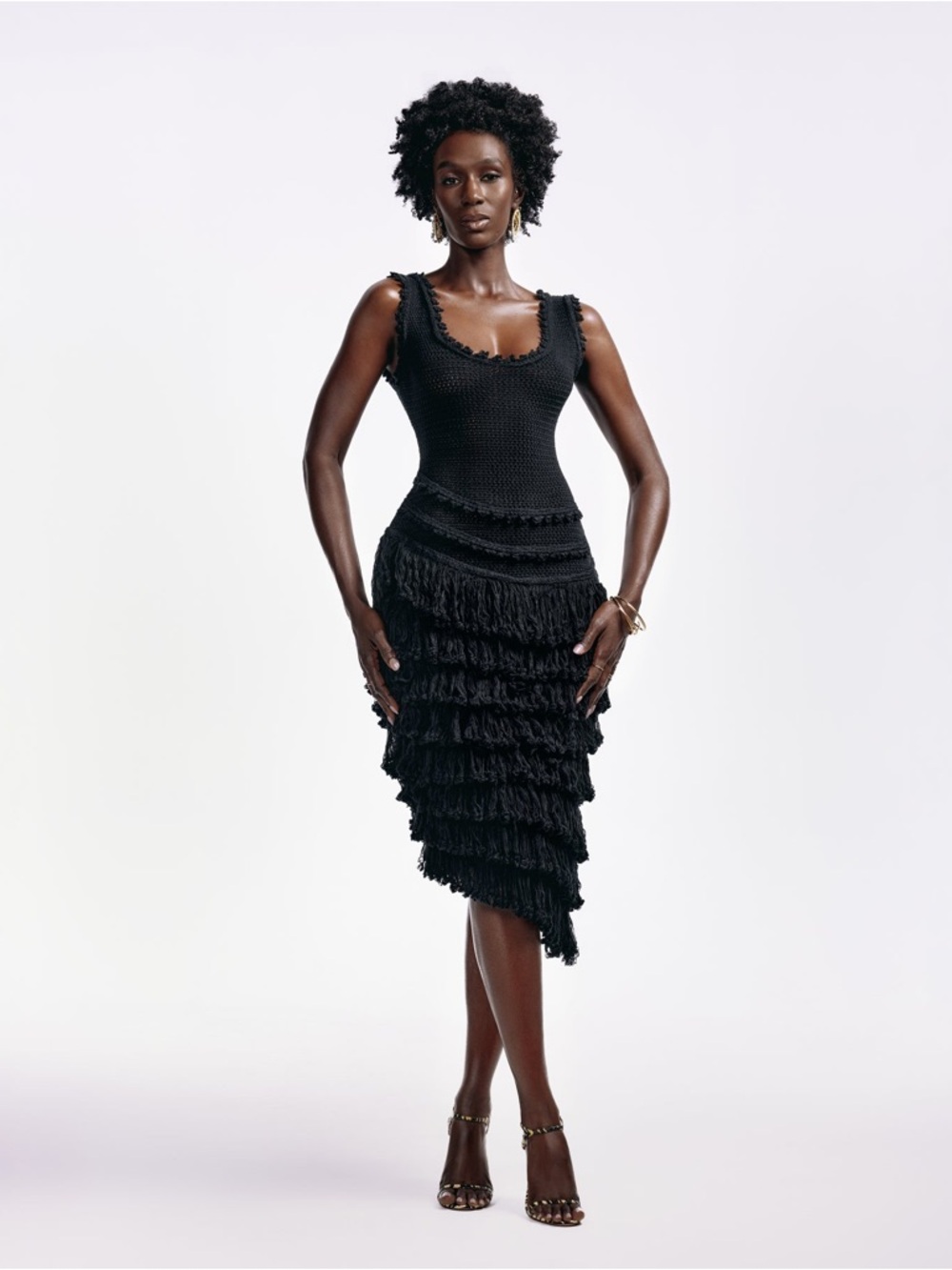 Hanifa Mia Black Tiered Fringe Knit Dress